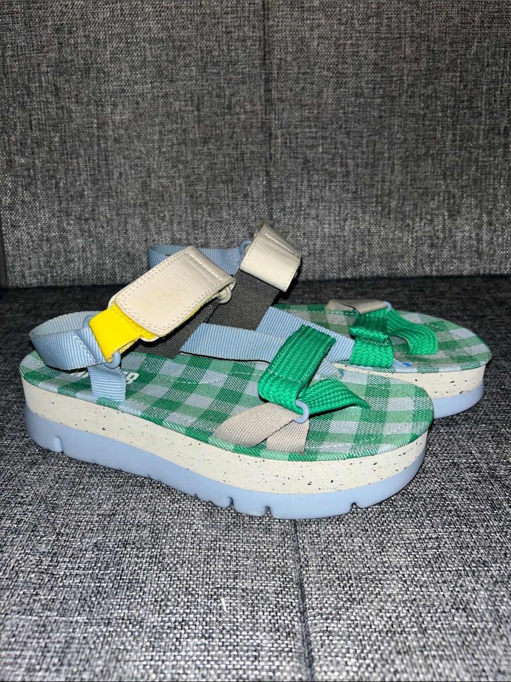 Camper Green Gingham Platform Sandals with Multicolor Straps